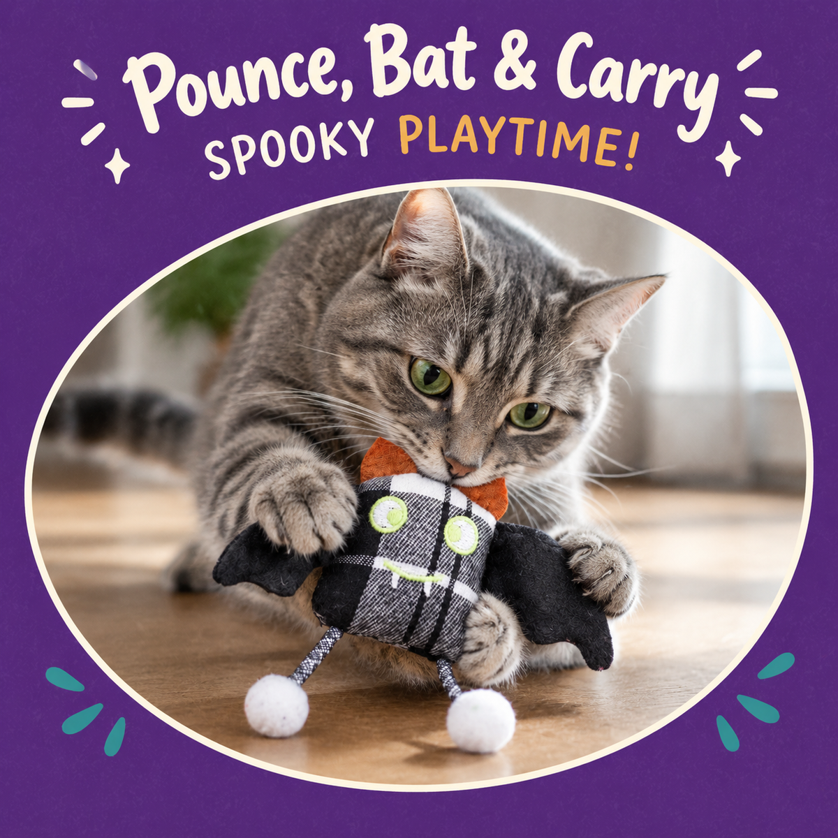 Cat playing with LitterBond Halloween Catnip Toys: Pounce, Bat & Carry