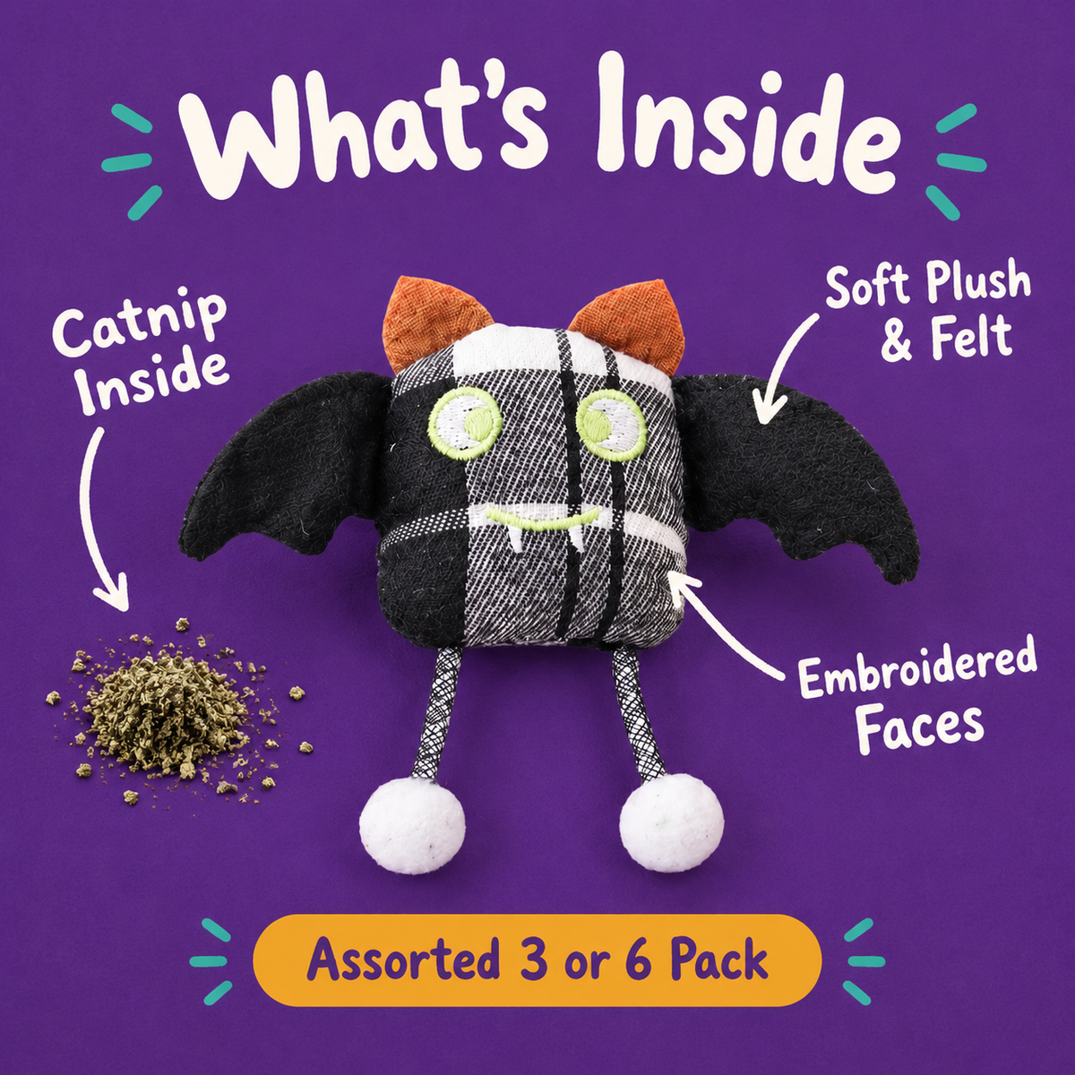 What's Inside: LitterBond Halloween Catnip Toys, catnip inside, soft plush & felt, embroidered faces
