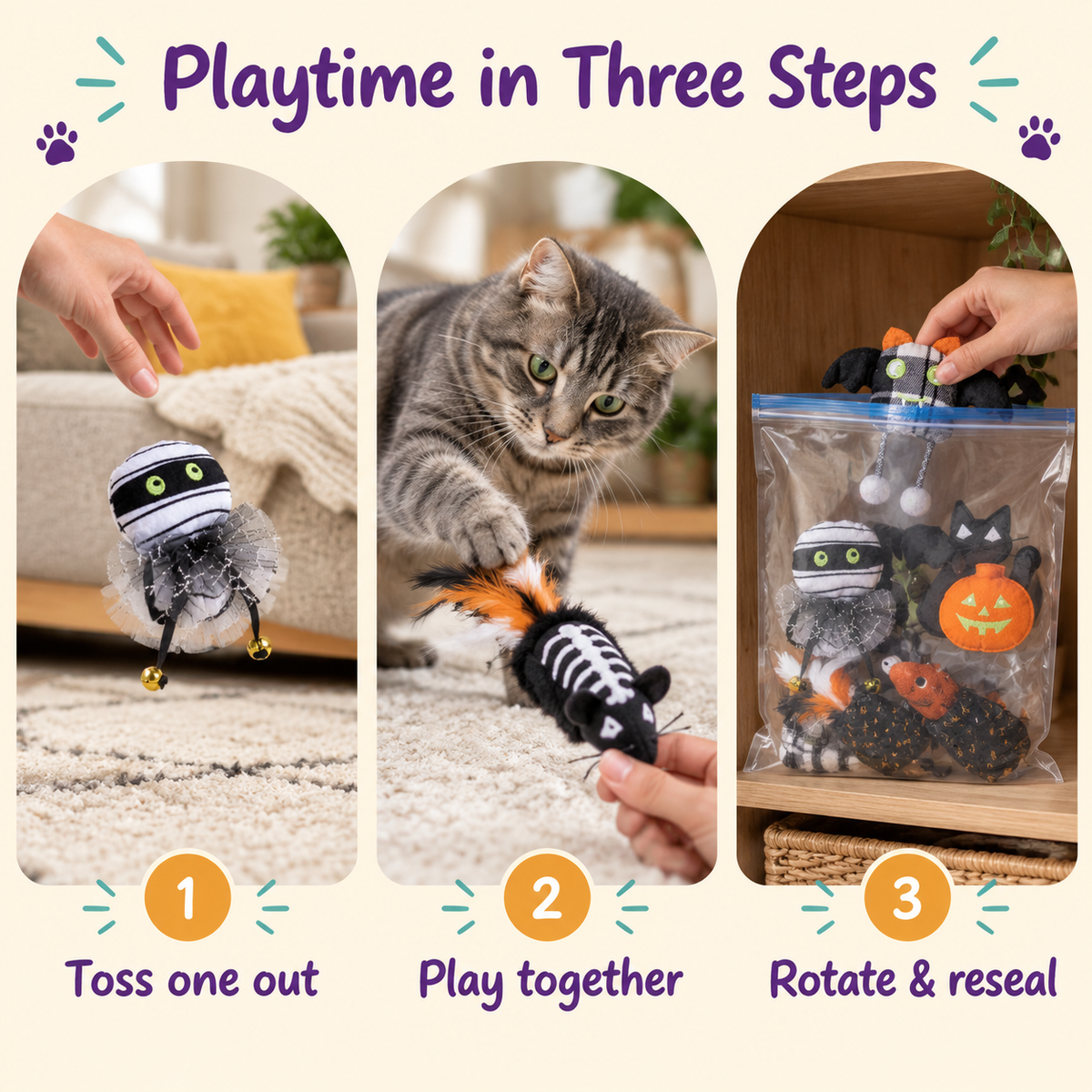 Playtime in Three Steps: how to play with LitterBond Halloween Catnip Toys