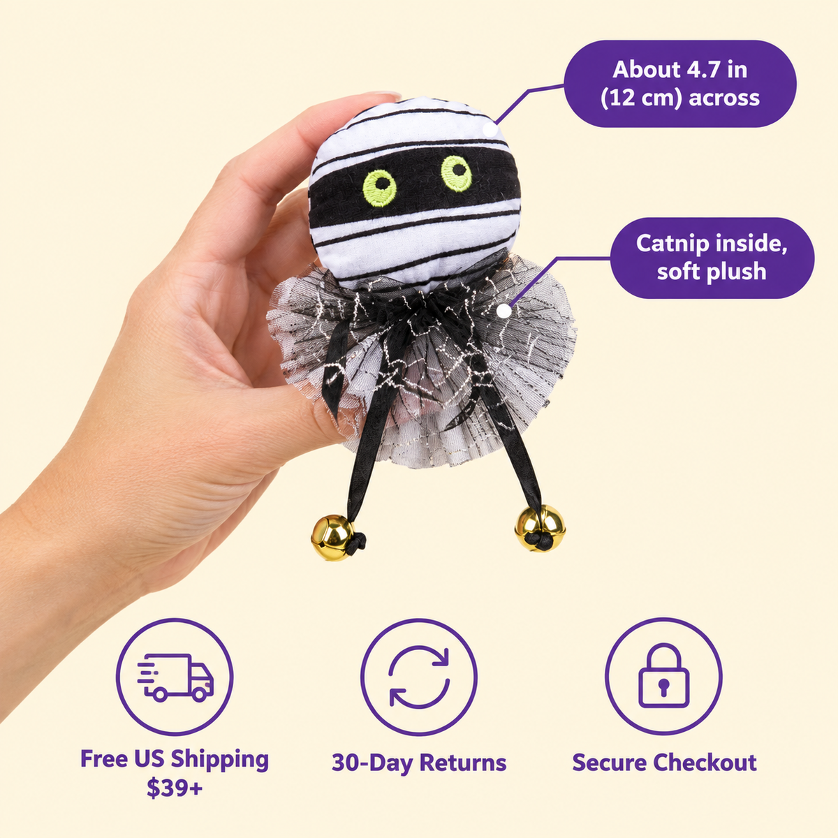 LitterBond Halloween Catnip Toys in hand: About 4.7 in (12 cm) across; free US shipping on $39+, 30-day returns
