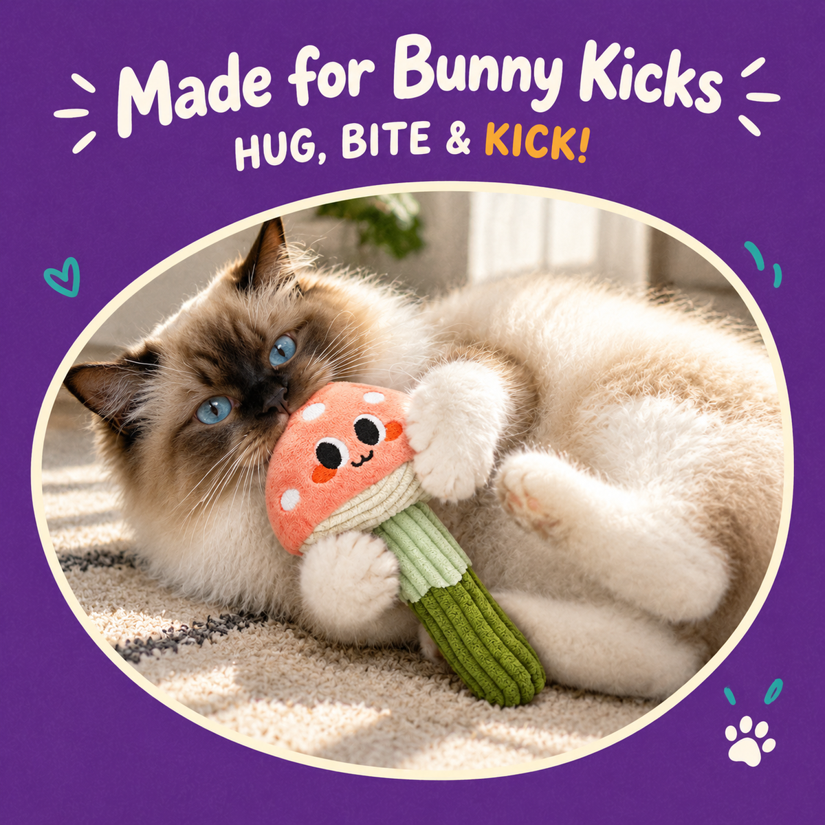 Cat playing with LitterBond Silvervine Mushroom Toys: Made for Bunny Kicks
