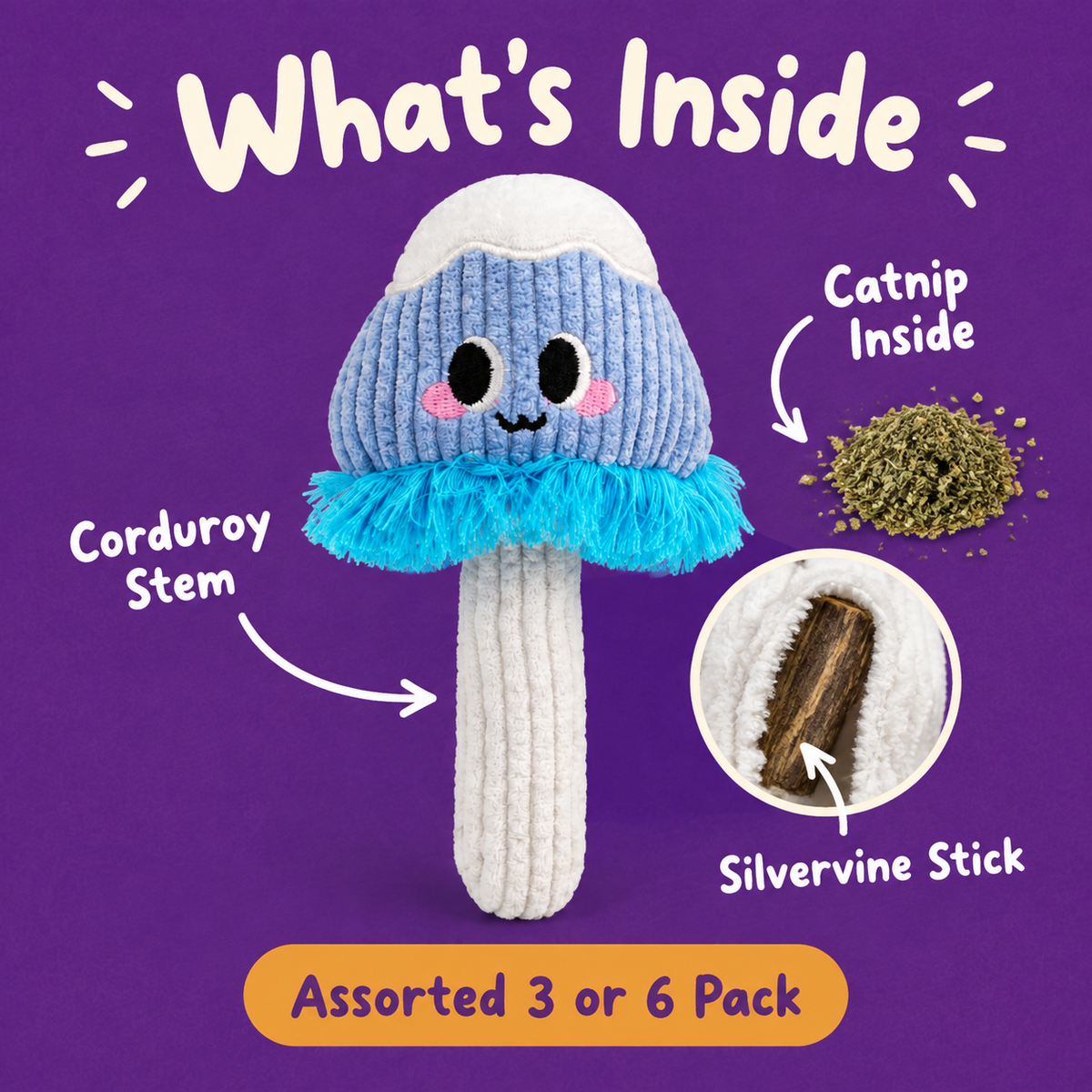 What's Inside: LitterBond Silvervine Mushroom Toys, silvervine stick, catnip inside, corduroy stem