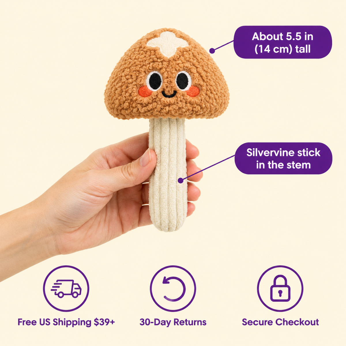 LitterBond Silvervine Mushroom Toys in hand: About 5.5 in (14 cm) tall; free US shipping on $39+, 30-day returns