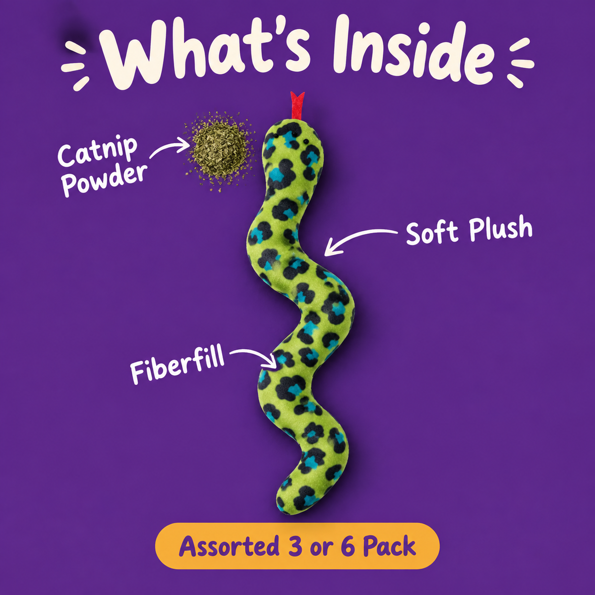 What's Inside: LitterBond Catnip Snake Kickers, catnip powder, soft plush, fiberfill