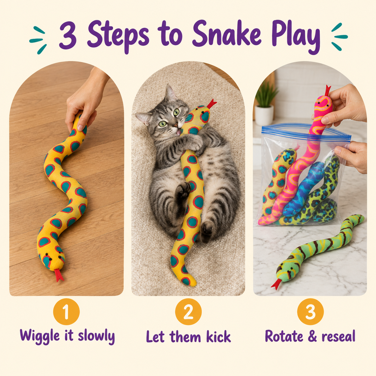 3 Steps to Snake Play: how to play with LitterBond Catnip Snake Kickers