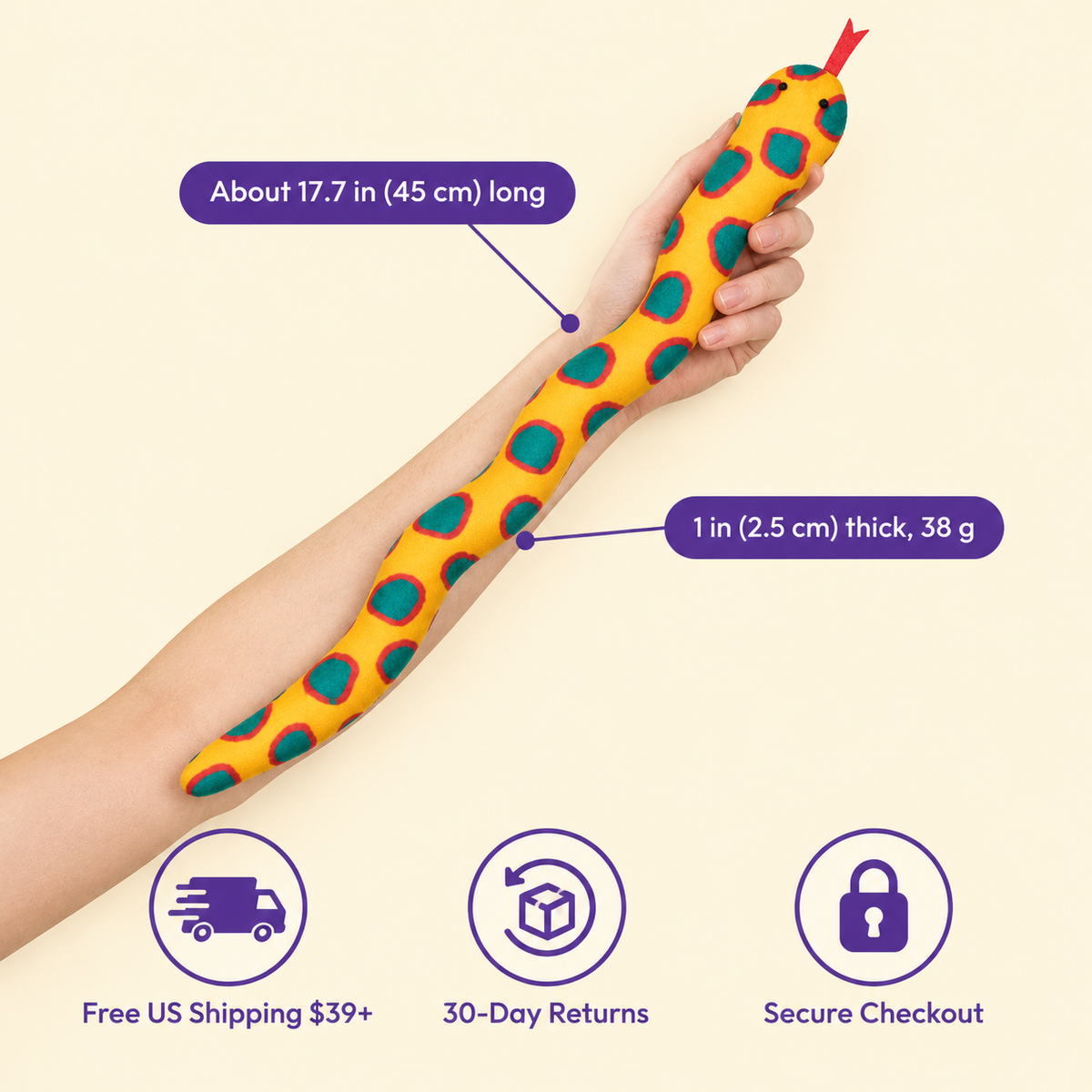 LitterBond Catnip Snake Kickers in hand: About 17.7 in (45 cm) long; free US shipping on $39+, 30-day returns