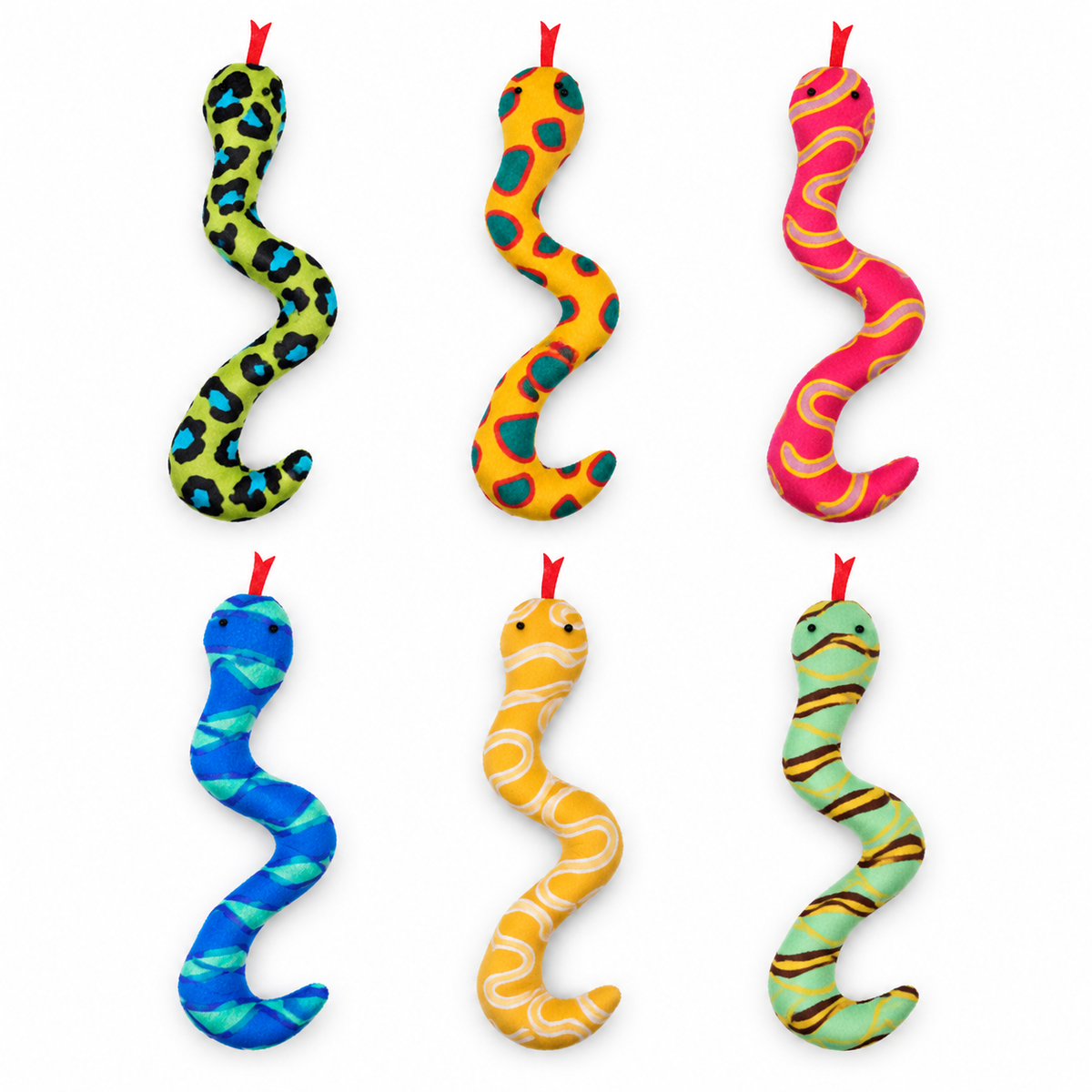 LitterBond Catnip Snake Kickers, assorted 6-pack on a white background