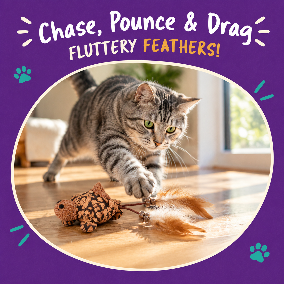 Cat playing with LitterBond Silvervine Bead Feather Toys: Chase, Pounce & Drag