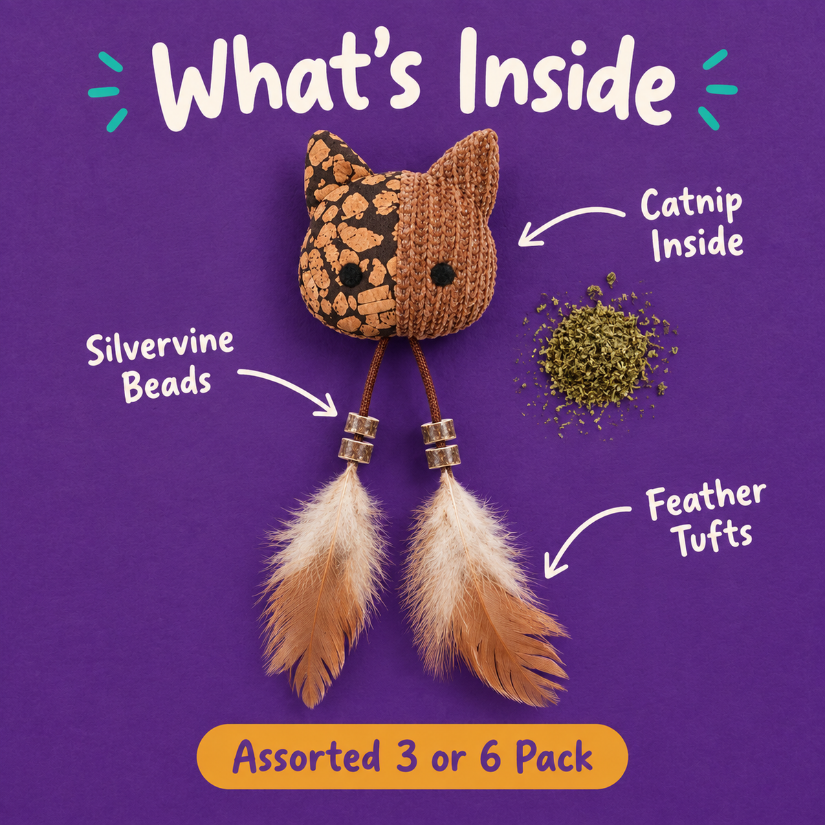 What's Inside: LitterBond Silvervine Bead Feather Toys, silvervine beads, feather tufts, catnip inside