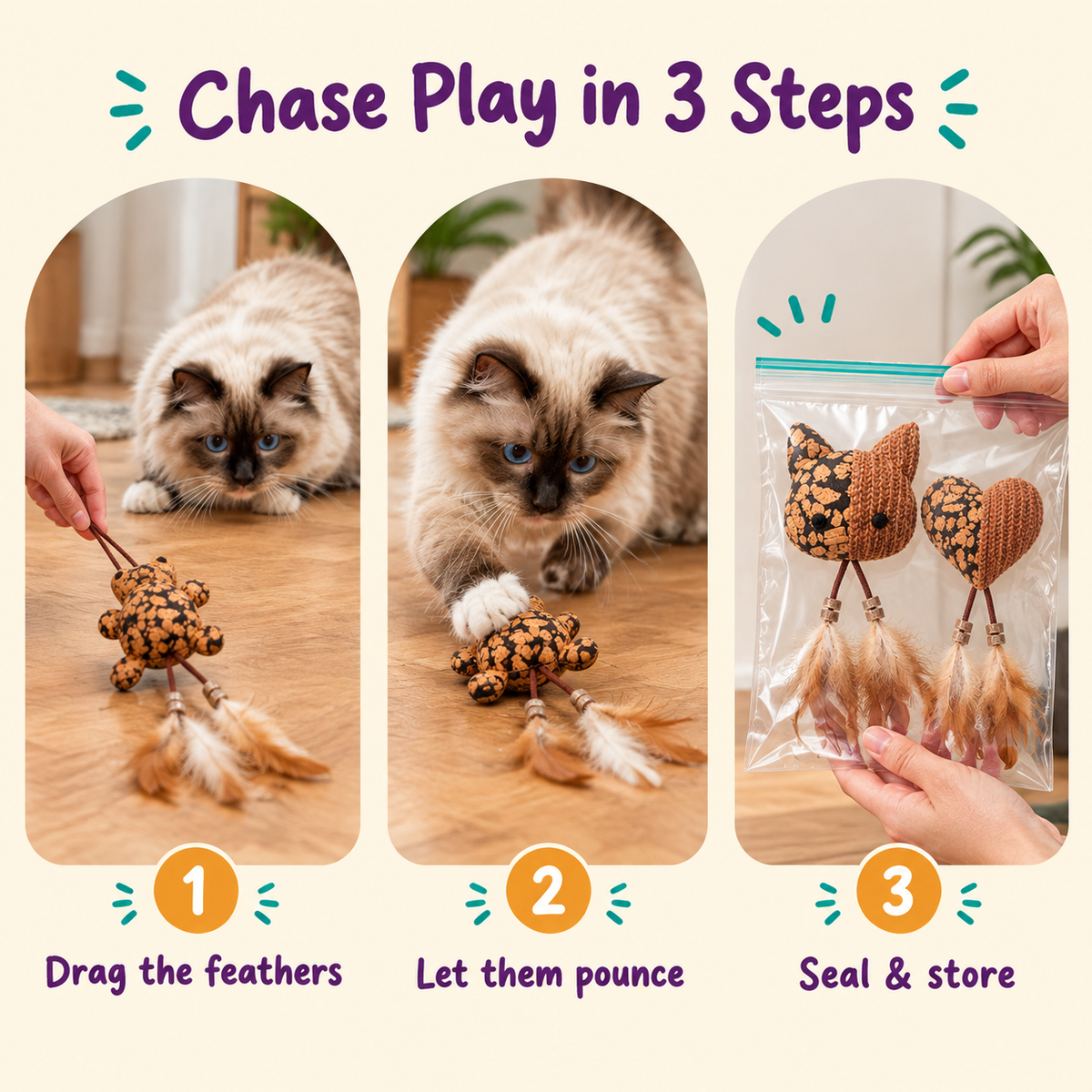 Chase Play in 3 Steps: how to play with LitterBond Silvervine Bead Feather Toys