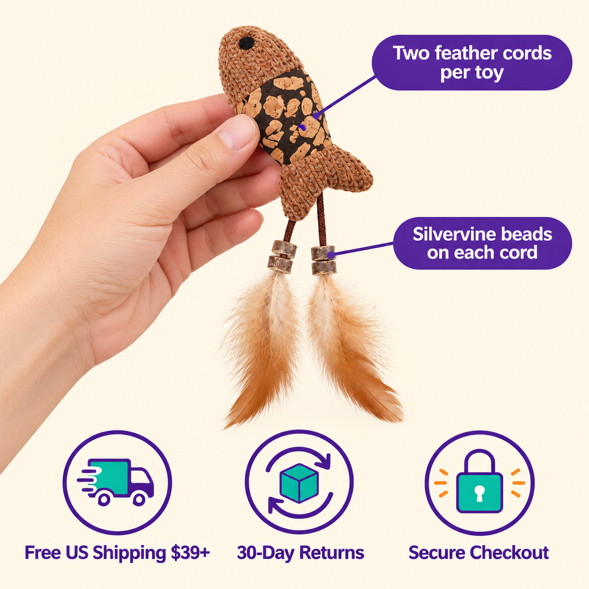 LitterBond Silvervine Bead Feather Toys in hand: Two feather cords per toy; free US shipping on $39+, 30-day returns