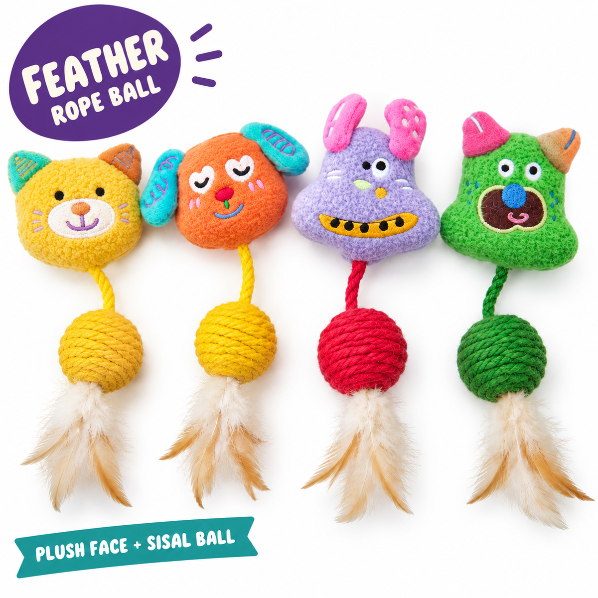 LitterBond Quirky Face Sisal Ball Toys: feather rope ball, plush face + sisal ball