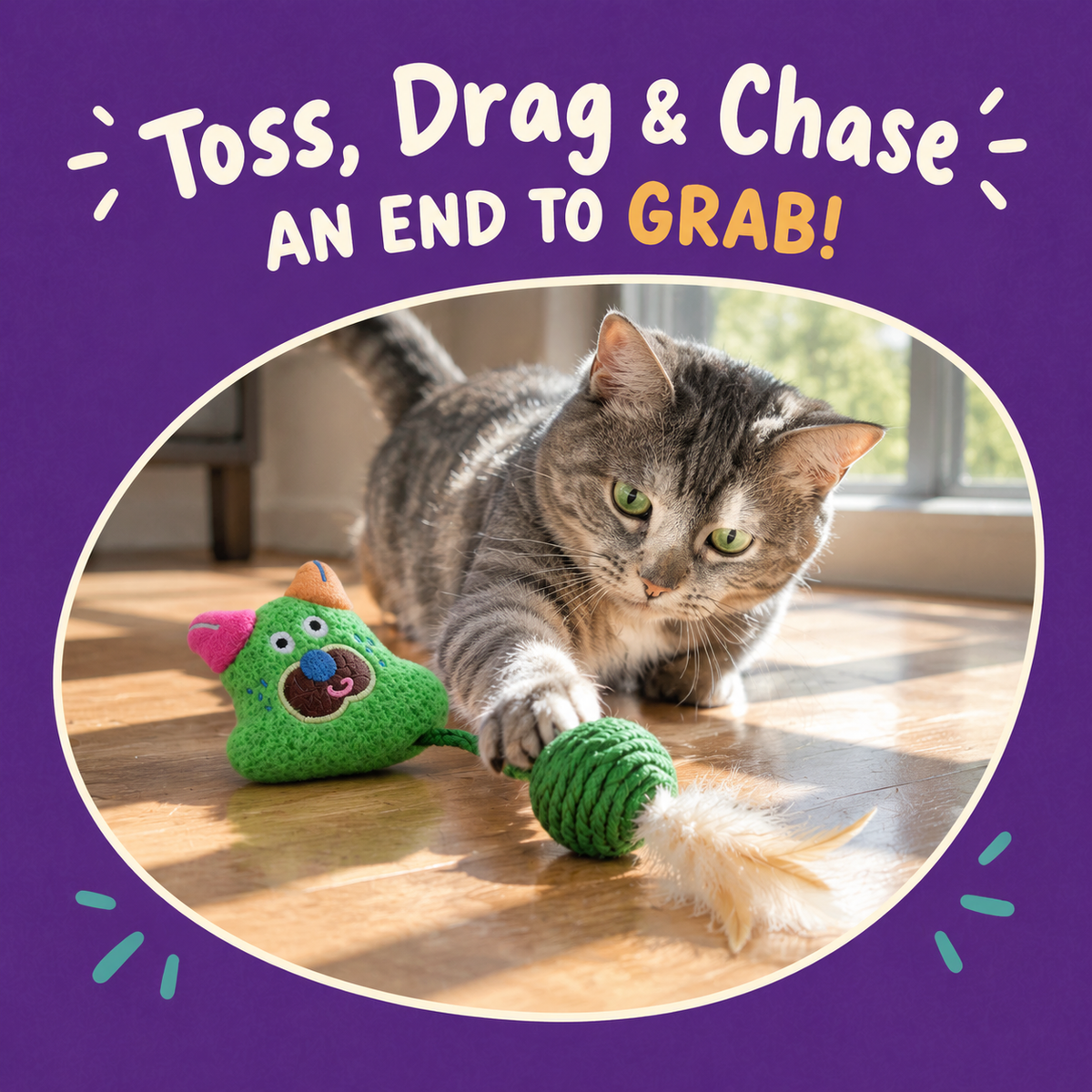 Cat playing with LitterBond Quirky Face Sisal Ball Toys: Toss, Drag & Chase