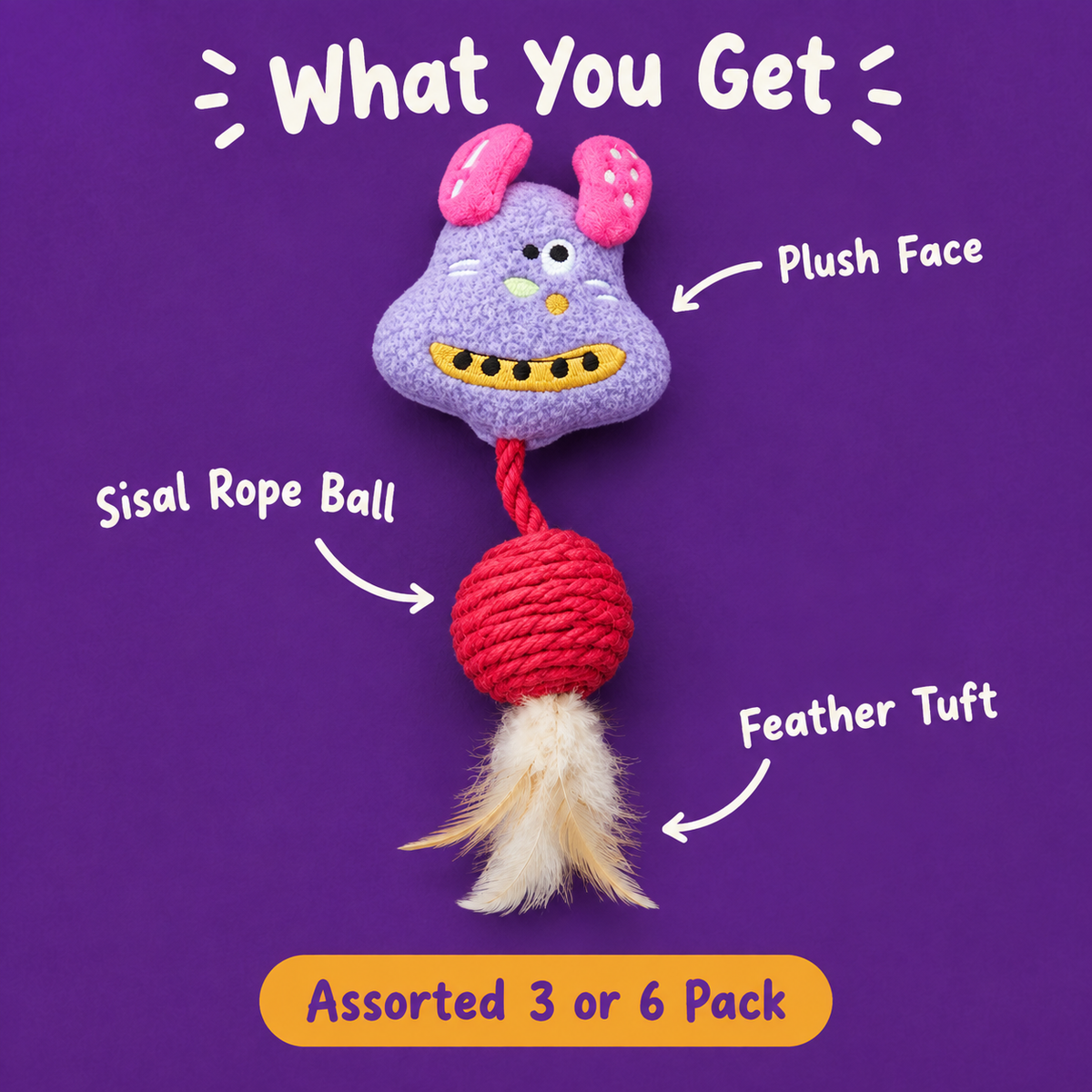 What You Get: LitterBond Quirky Face Sisal Ball Toys, plush face, sisal rope ball, feather tuft