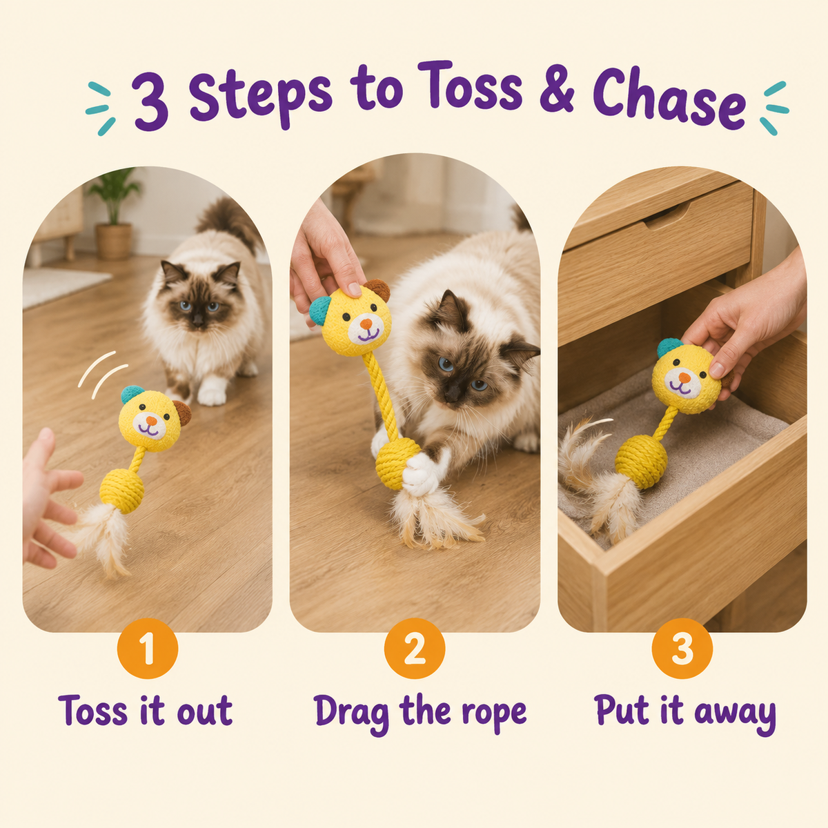 3 Steps to Toss & Chase: how to play with LitterBond Quirky Face Sisal Ball Toys