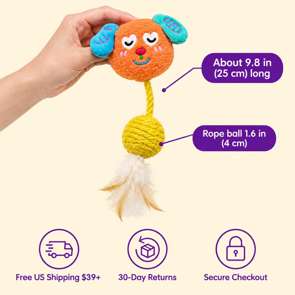 LitterBond Quirky Face Sisal Ball Toys in hand: About 9.8 in (25 cm) long; free US shipping on $39+, 30-day returns