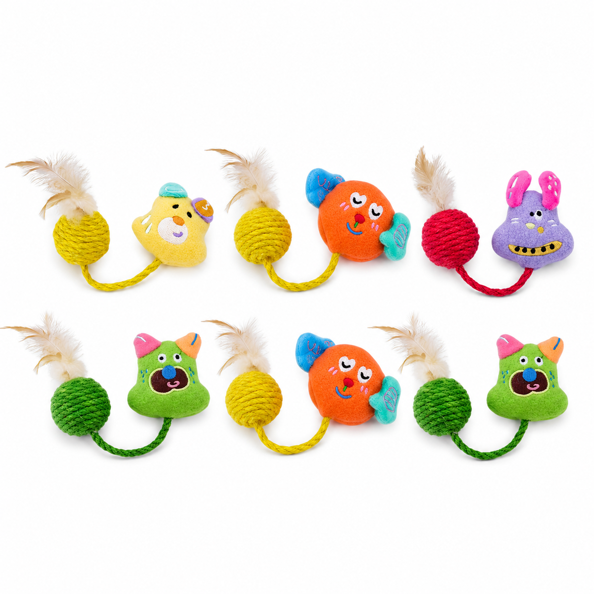 LitterBond Quirky Face Sisal Ball Toys, assorted 6-pack on a white background