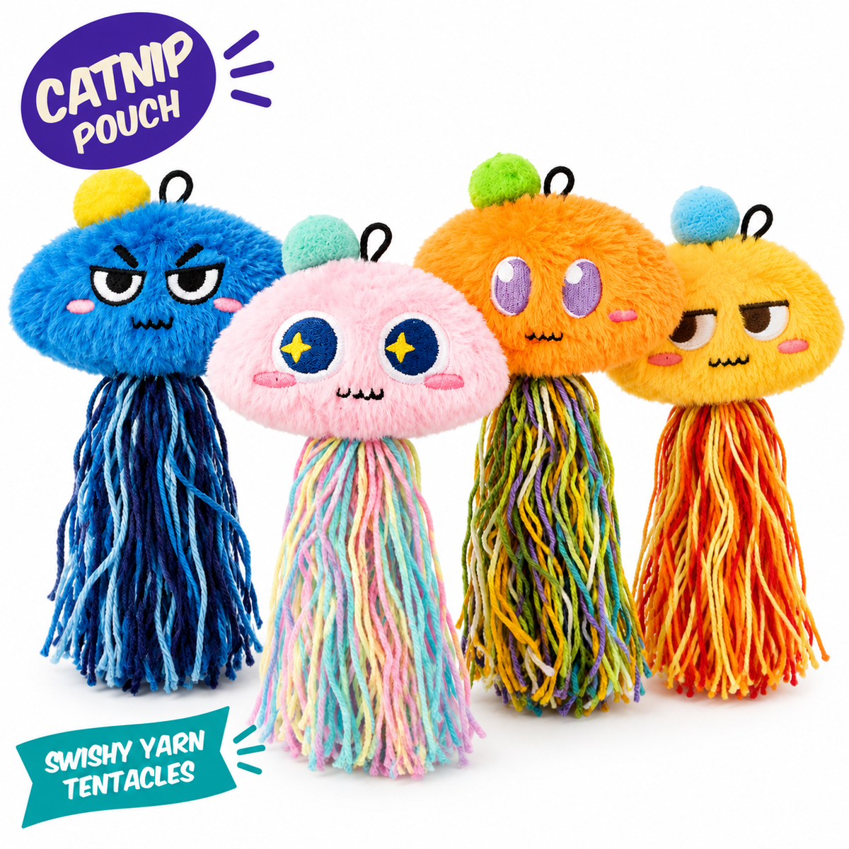 LitterBond Fluffy Catnip Jellyfish: catnip pouch, swishy yarn tentacles