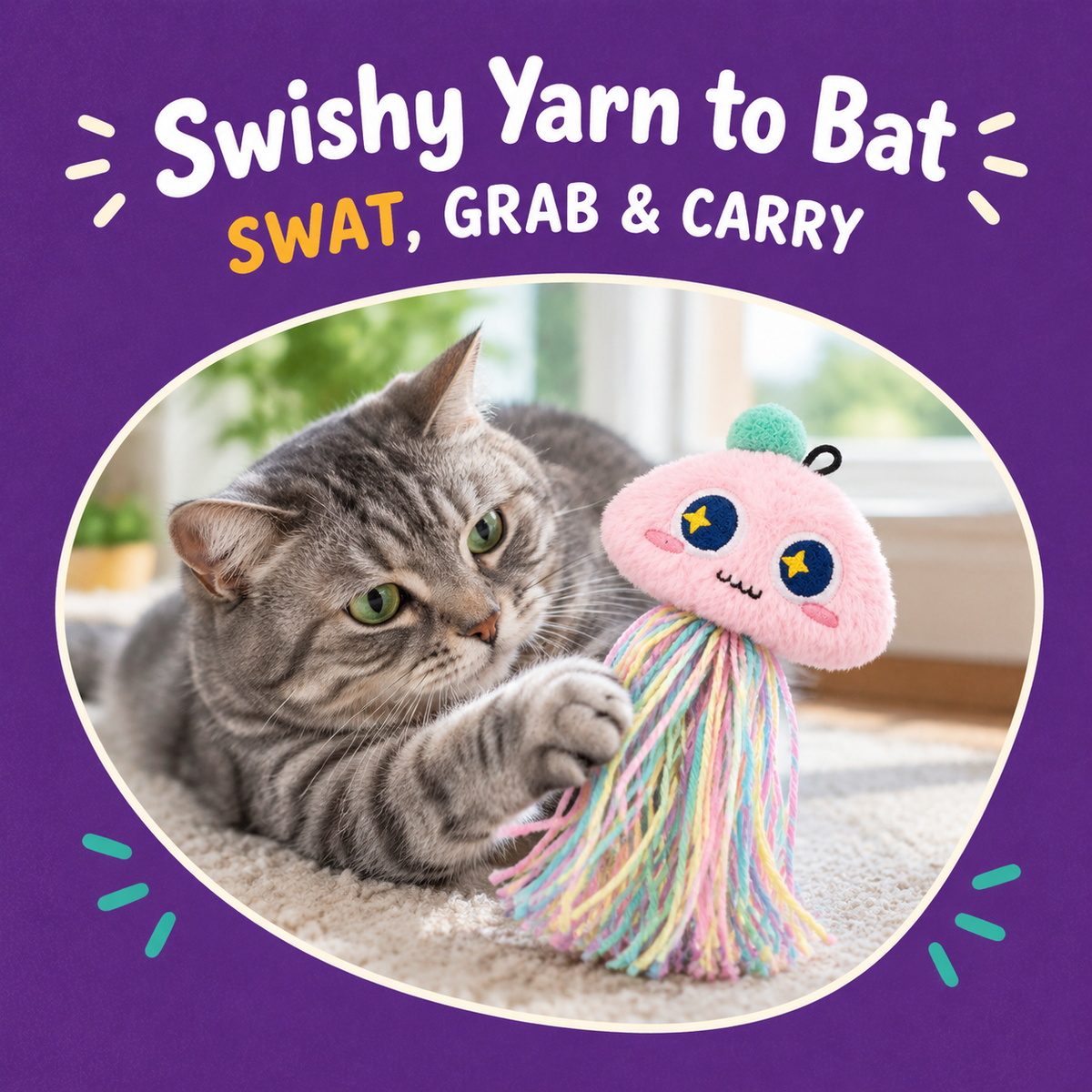 Cat playing with LitterBond Fluffy Catnip Jellyfish: Swishy Yarn to Bat