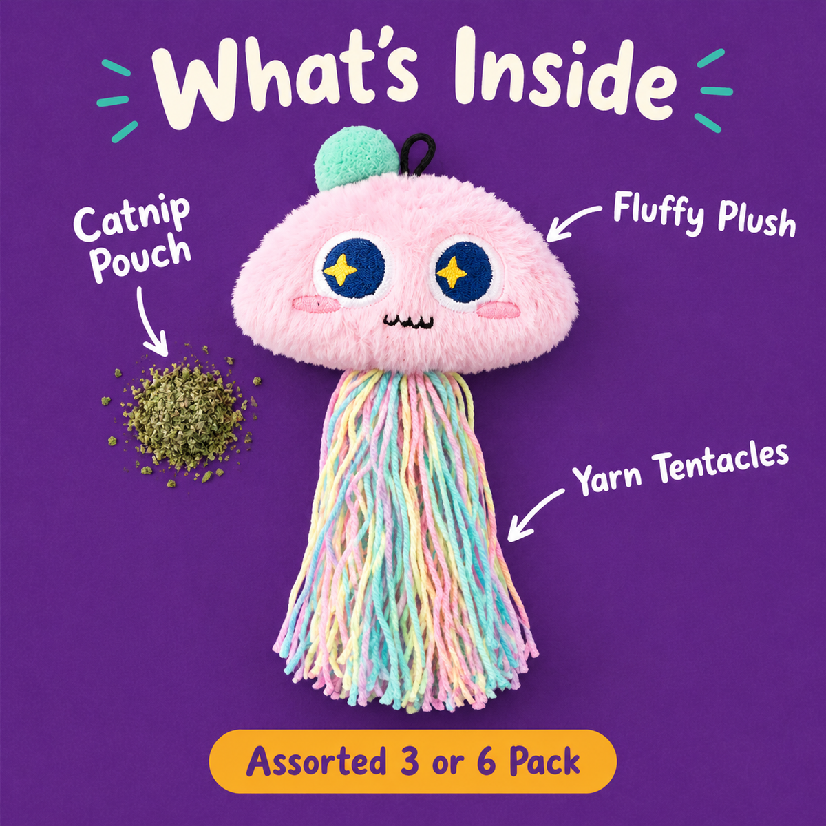 What's Inside: LitterBond Fluffy Catnip Jellyfish, catnip pouch, yarn tentacles, fluffy plush