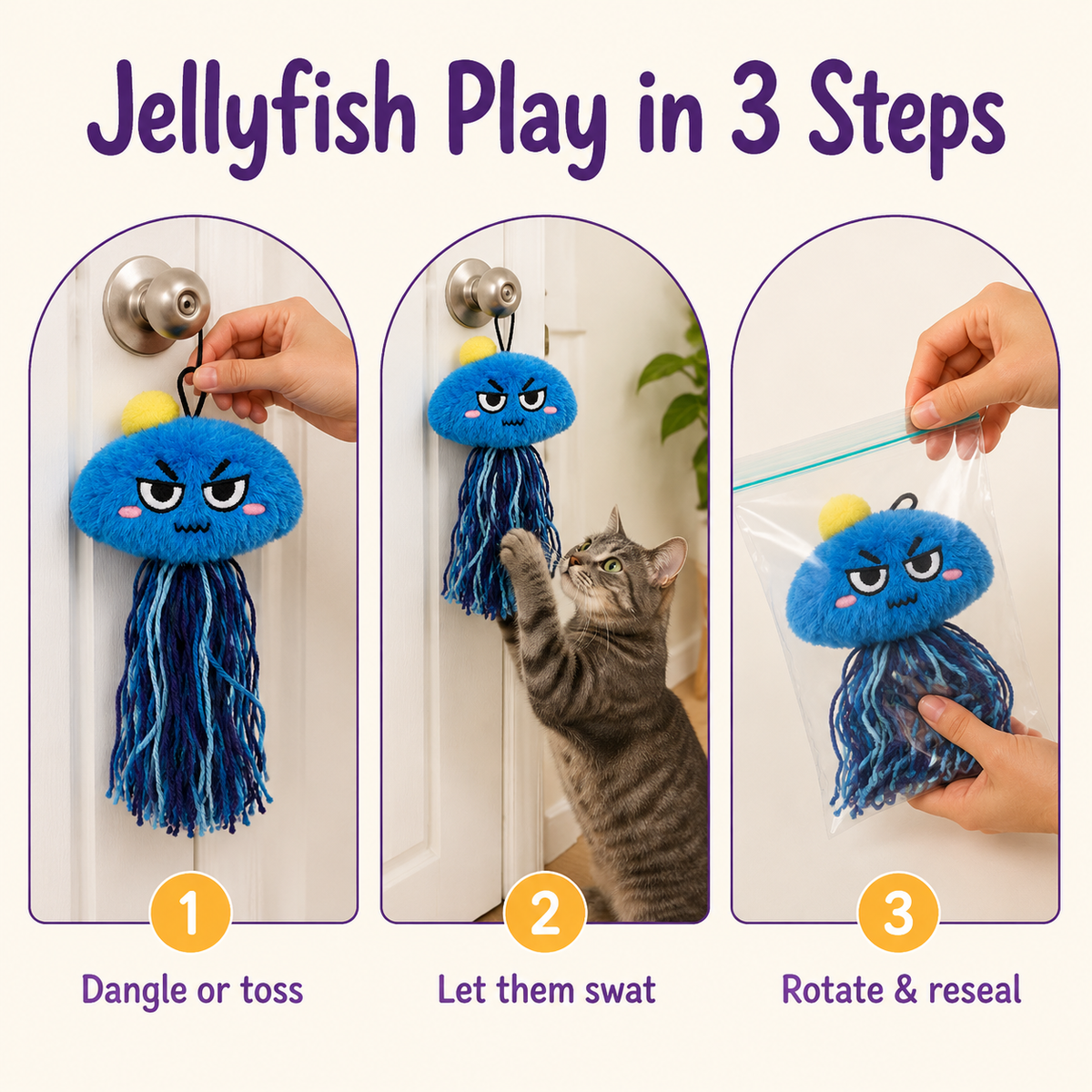 Jellyfish Play in 3 Steps: how to play with LitterBond Fluffy Catnip Jellyfish