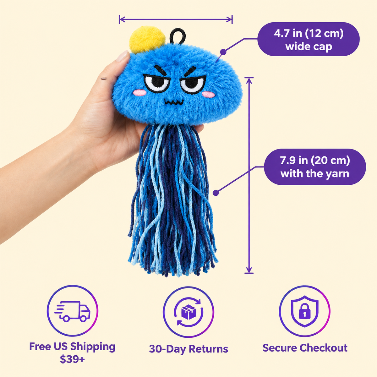 LitterBond Fluffy Catnip Jellyfish in hand: 4.7 in (12 cm) wide cap; free US shipping on $39+, 30-day returns