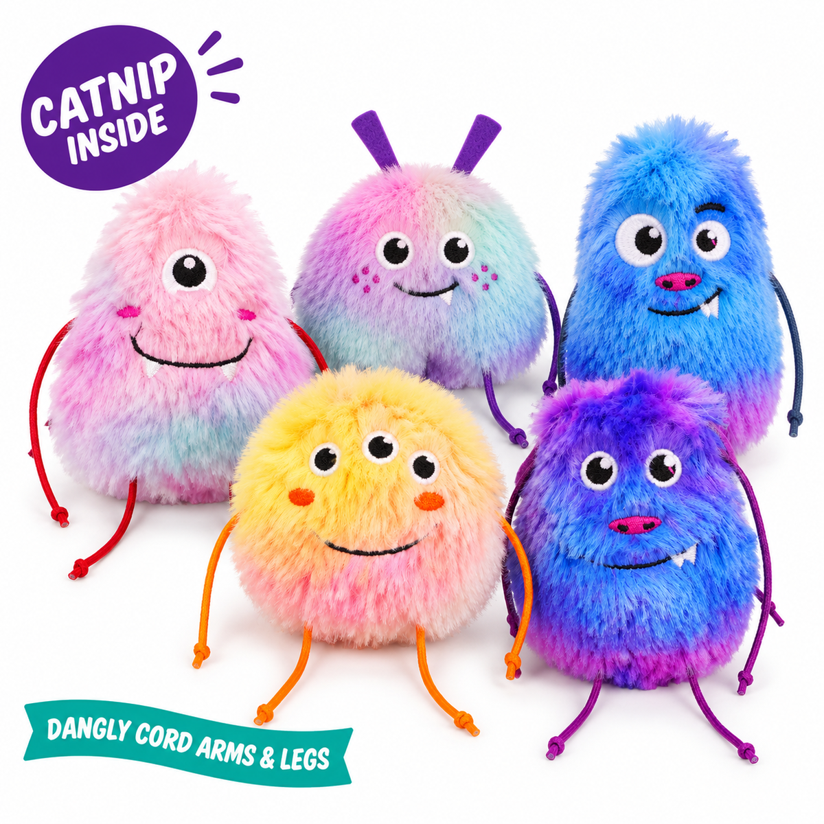 LitterBond Shaggy Rainbow Catnip Monsters: catnip inside, dangly cord arms & legs