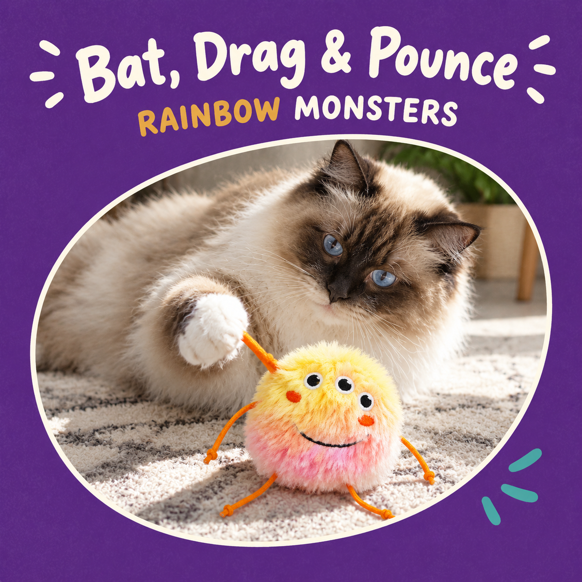 Cat playing with LitterBond Shaggy Rainbow Catnip Monsters: Bat, Drag & Pounce