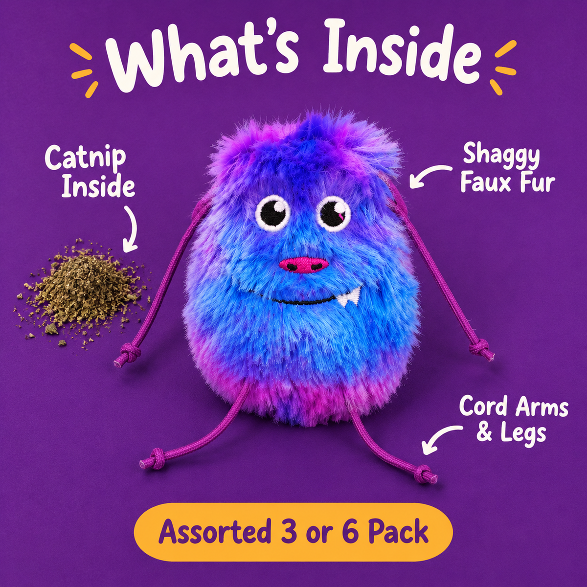 What's Inside: LitterBond Shaggy Rainbow Catnip Monsters, catnip inside, shaggy faux fur, cord arms & legs