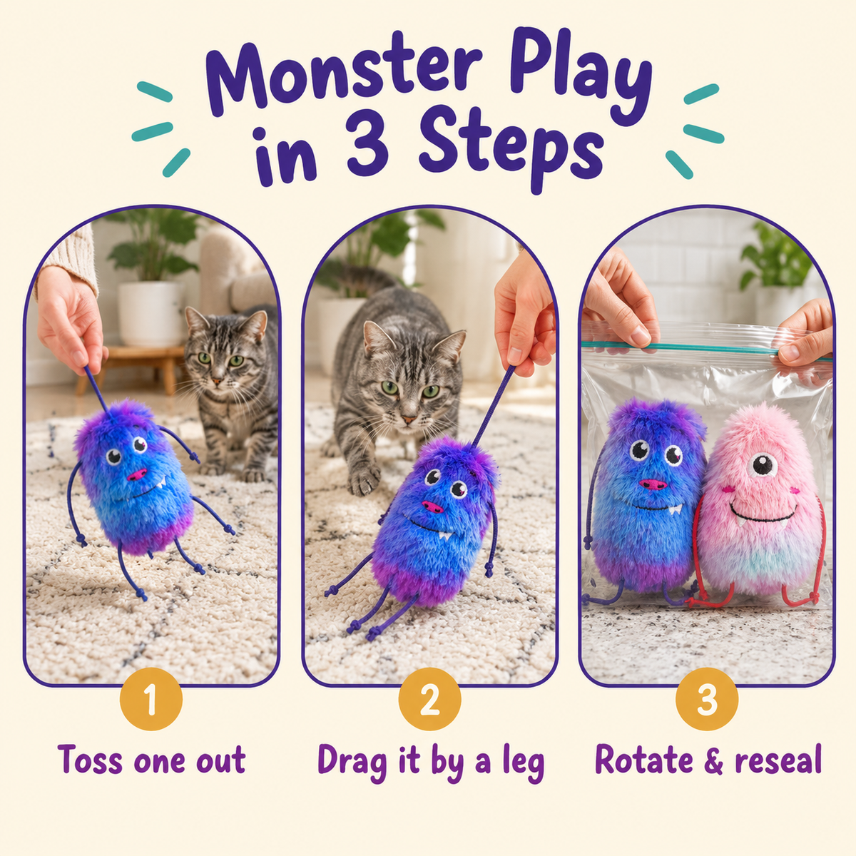 Monster Play in 3 Steps: how to play with LitterBond Shaggy Rainbow Catnip Monsters