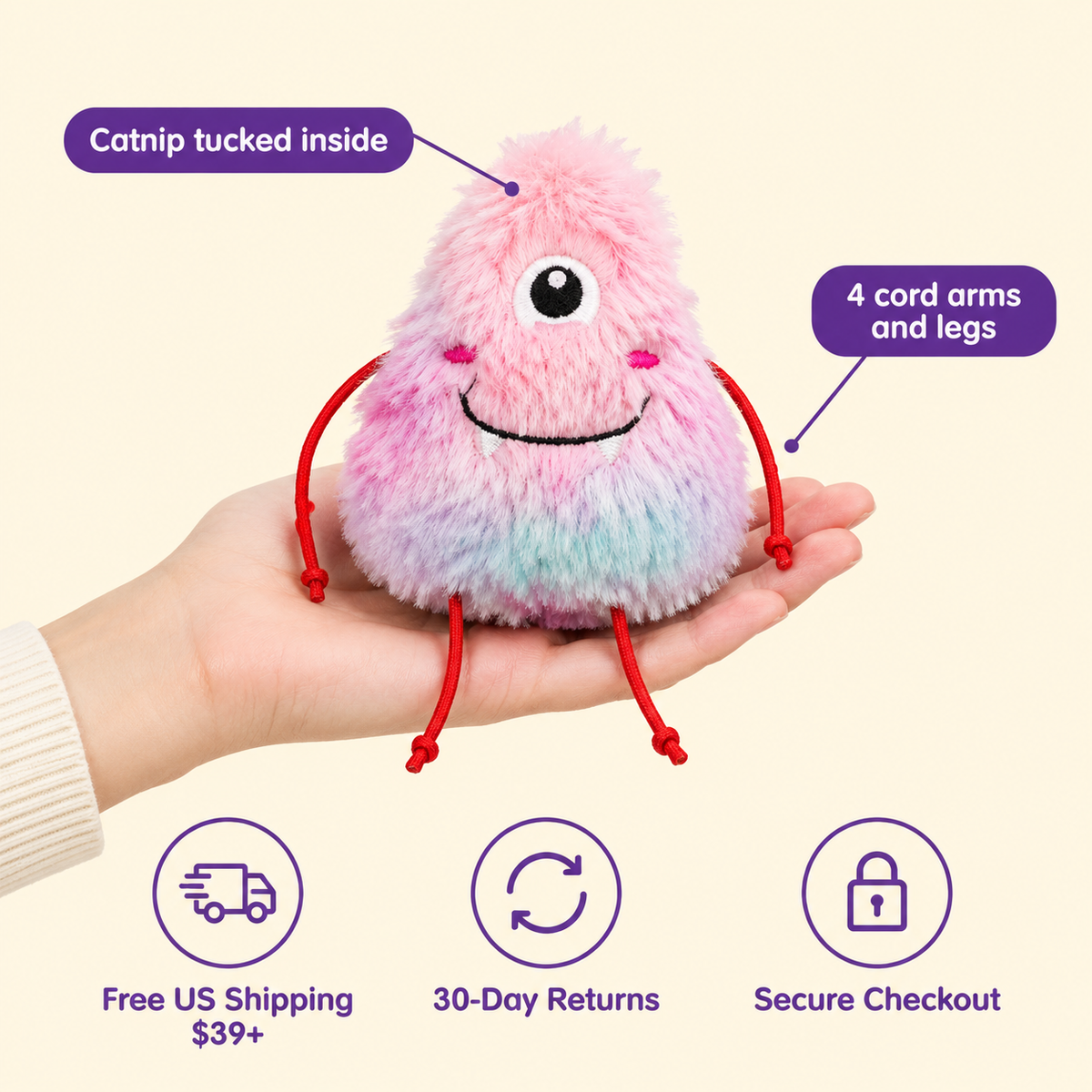 LitterBond Shaggy Rainbow Catnip Monsters in hand: Catnip tucked inside; free US shipping on $39+, 30-day returns
