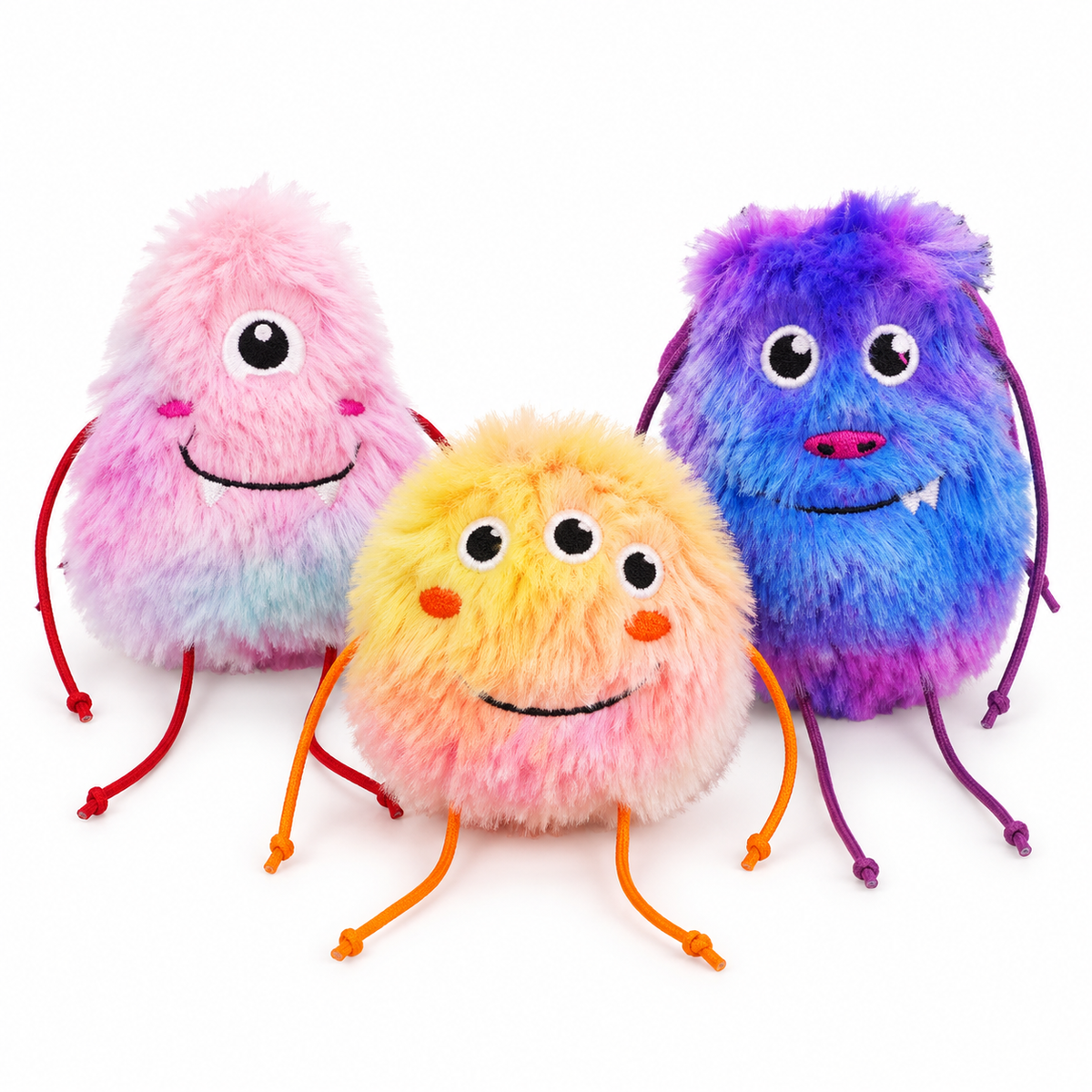 LitterBond Shaggy Rainbow Catnip Monsters, assorted 3-pack on a white background