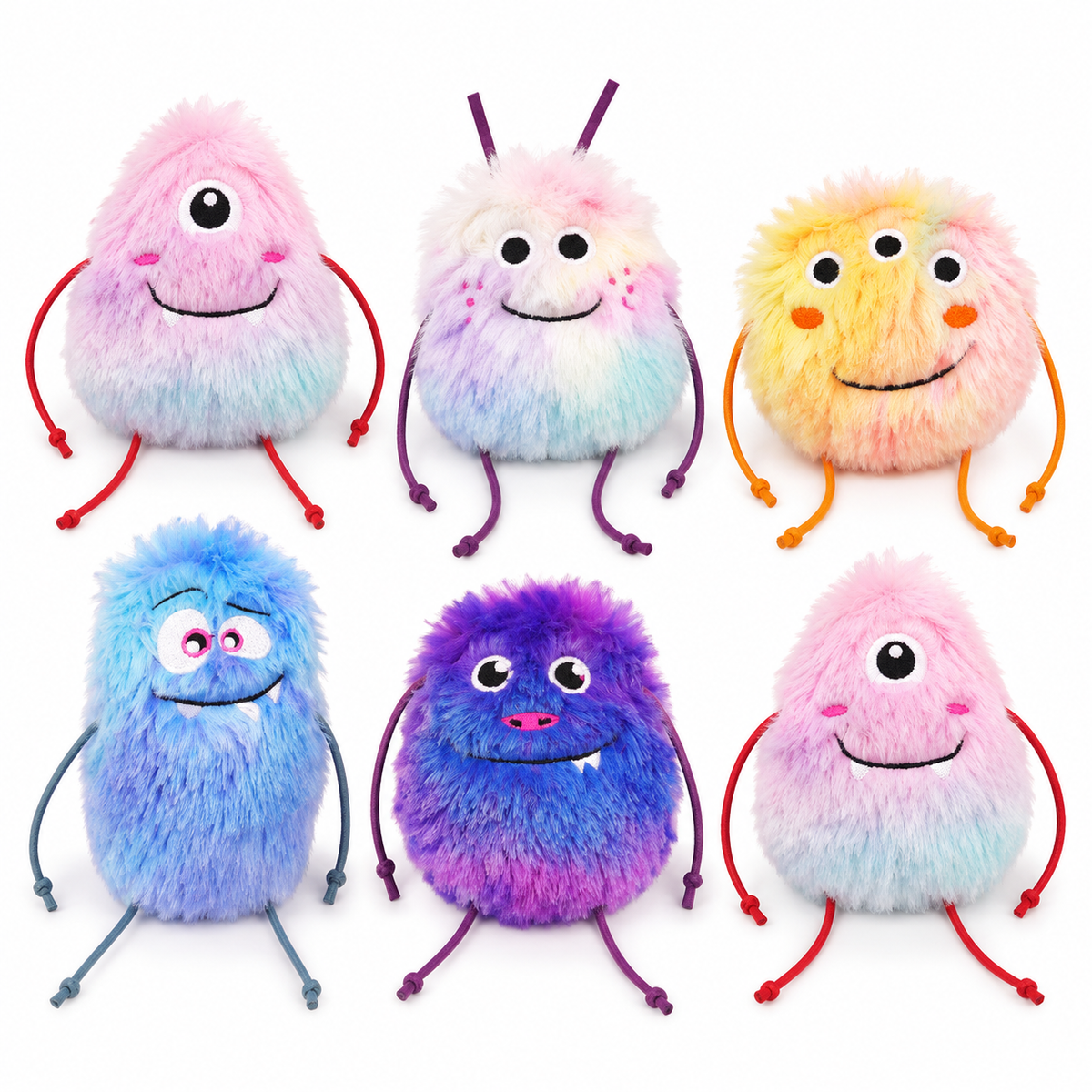 LitterBond Shaggy Rainbow Catnip Monsters, assorted 6-pack on a white background