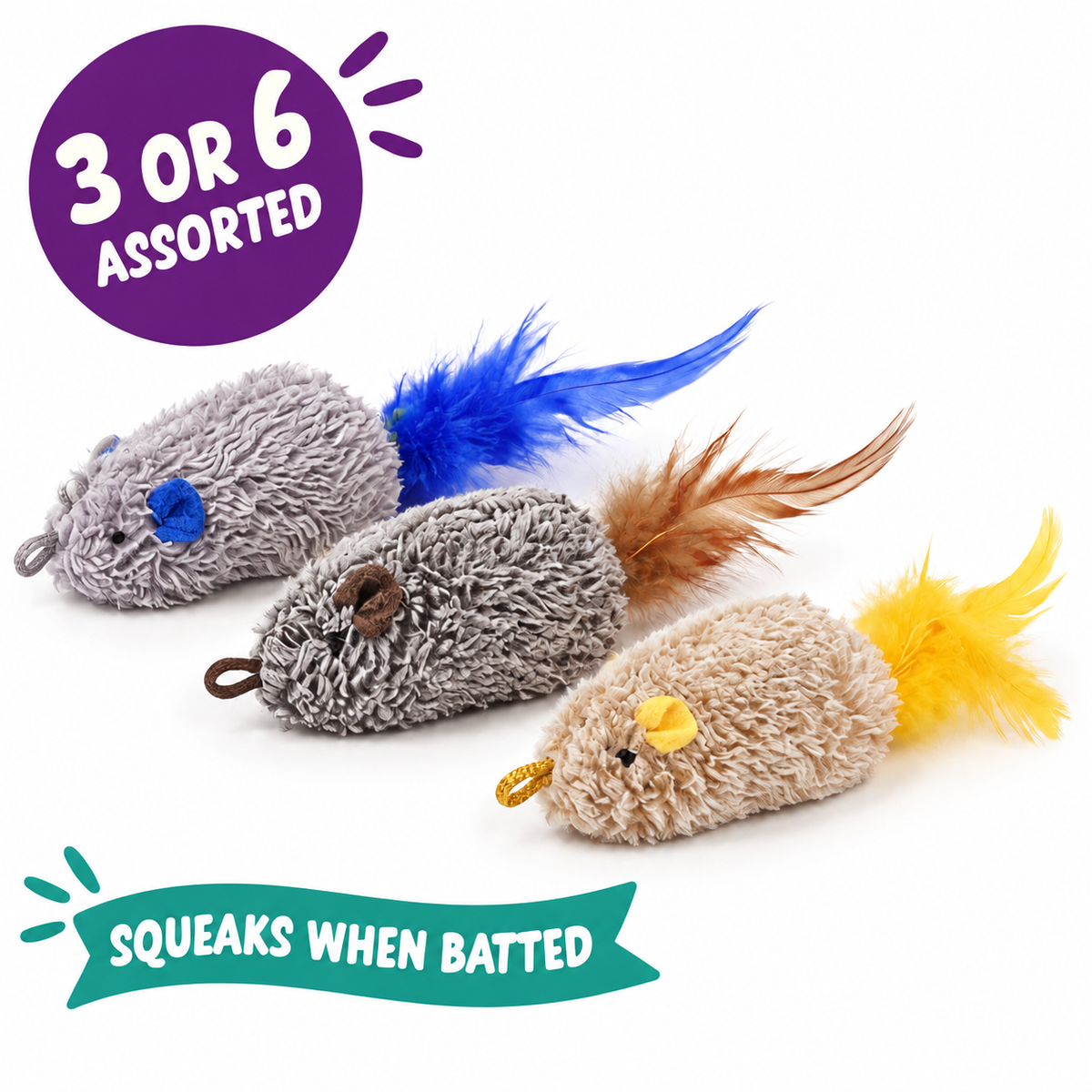 LitterBond Squeaky Feather Tail Mice: 3 or 6 assorted, squeaks when batted