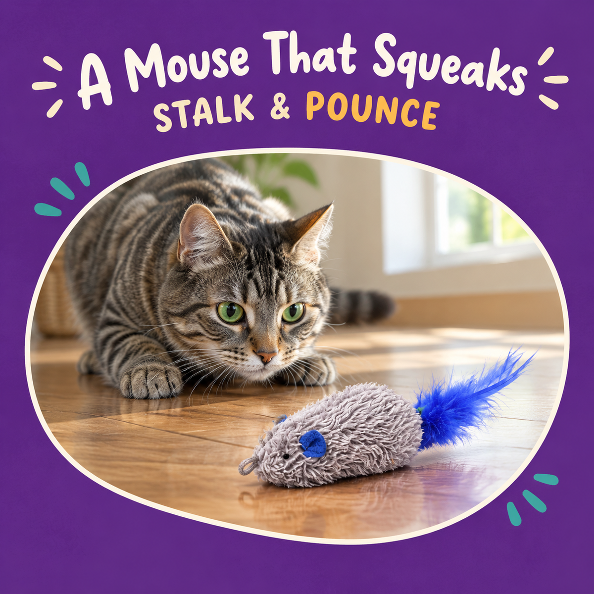 Cat playing with LitterBond Squeaky Feather Tail Mice: A Mouse That Squeaks