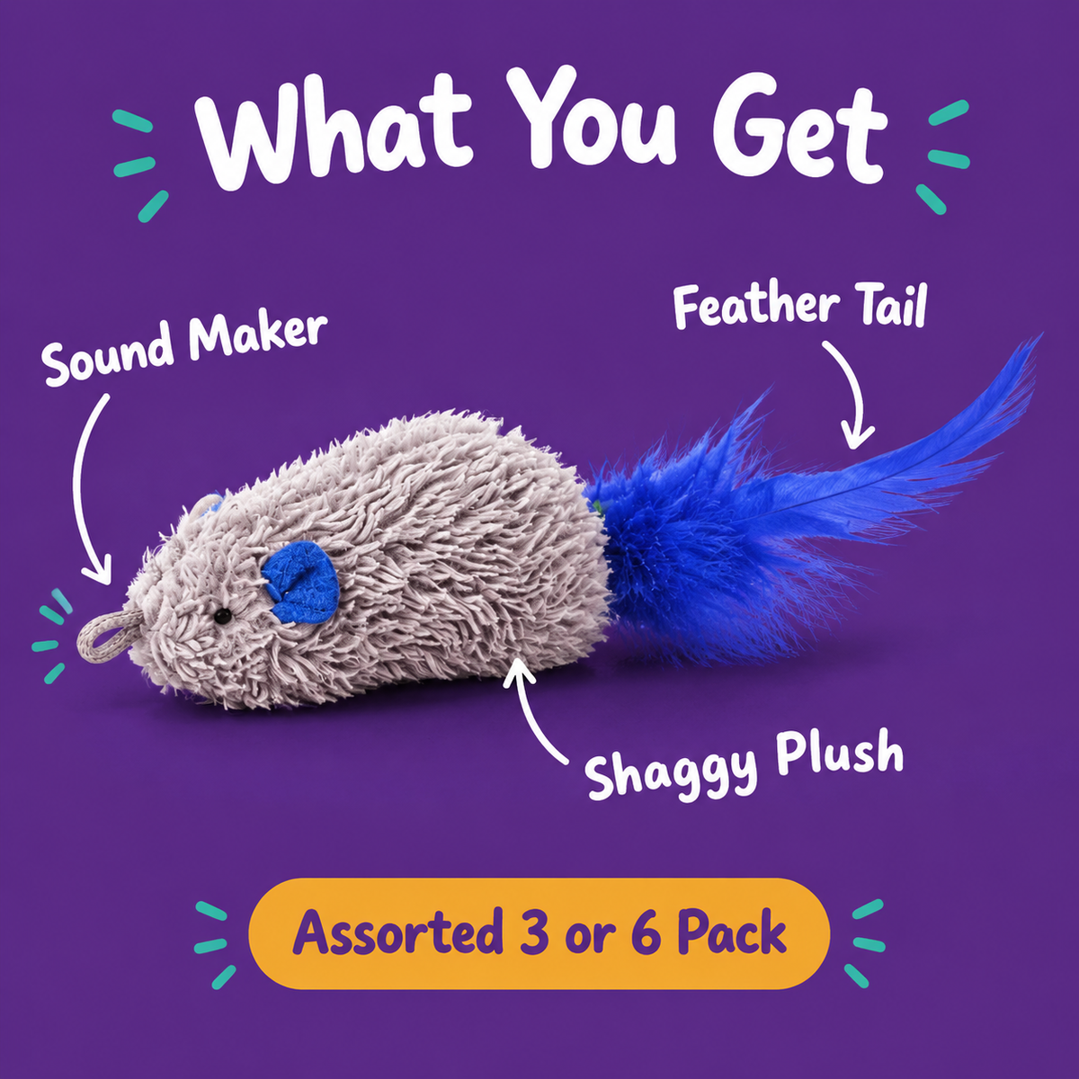 What You Get: LitterBond Squeaky Feather Tail Mice, sound maker, feather tail, shaggy plush