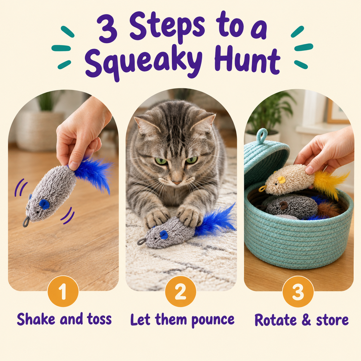 3 Steps to a Squeaky Hunt: how to play with LitterBond Squeaky Feather Tail Mice