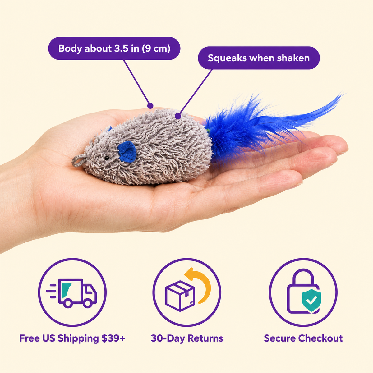 LitterBond Squeaky Feather Tail Mice in hand: Body about 3.5 in (9 cm); free US shipping on $39+, 30-day returns