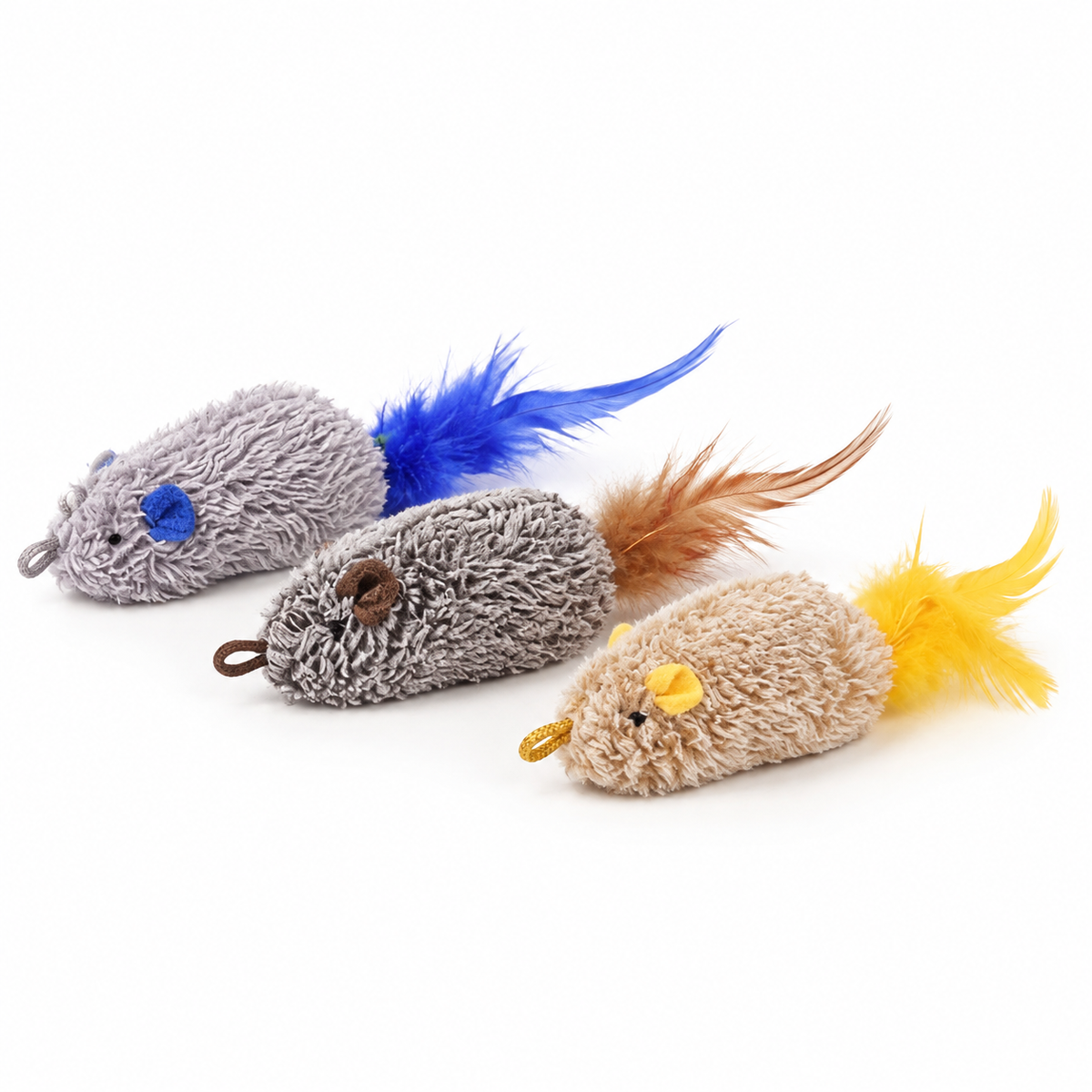 LitterBond Squeaky Feather Tail Mice, assorted 3-pack on a white background