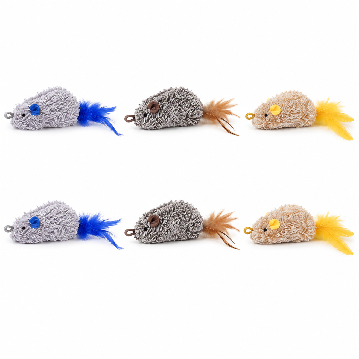 LitterBond Squeaky Feather Tail Mice, assorted 6-pack on a white background
