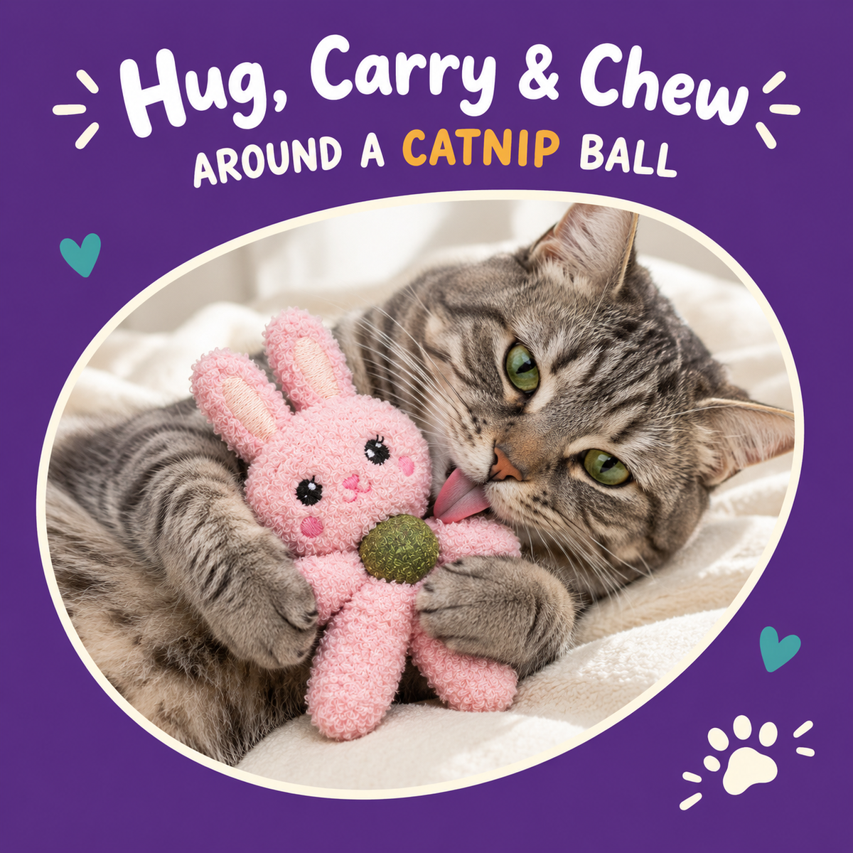 Cat playing with LitterBond Catnip Ball Plush Pals: Hug, Carry & Chew