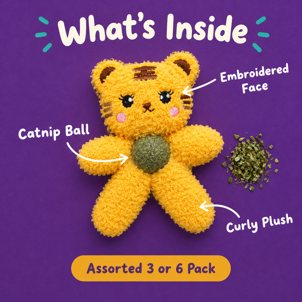 What's Inside: LitterBond Catnip Ball Plush Pals, catnip ball, curly plush, embroidered face