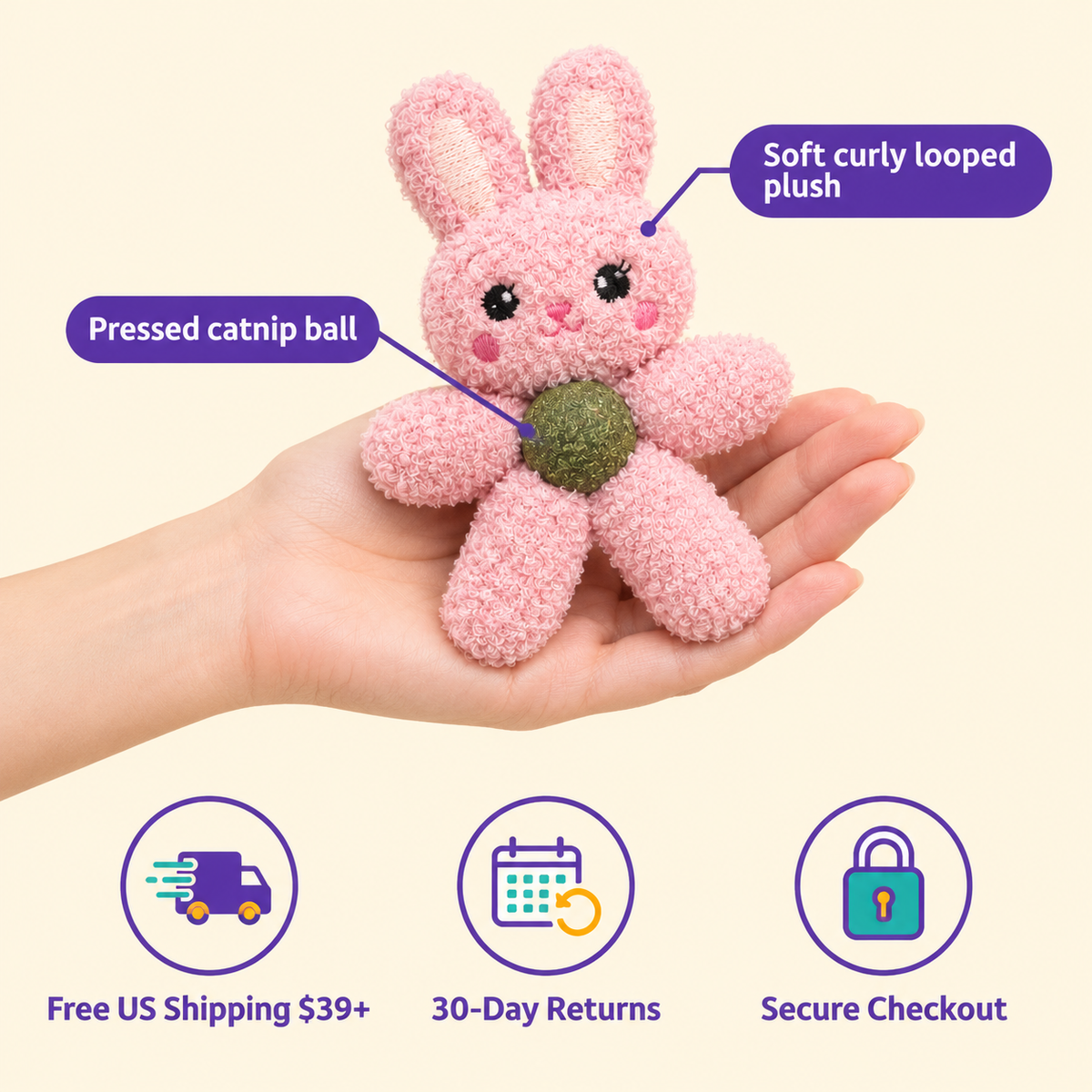 LitterBond Catnip Ball Plush Pals in hand: Pressed catnip ball; free US shipping on $39+, 30-day returns
