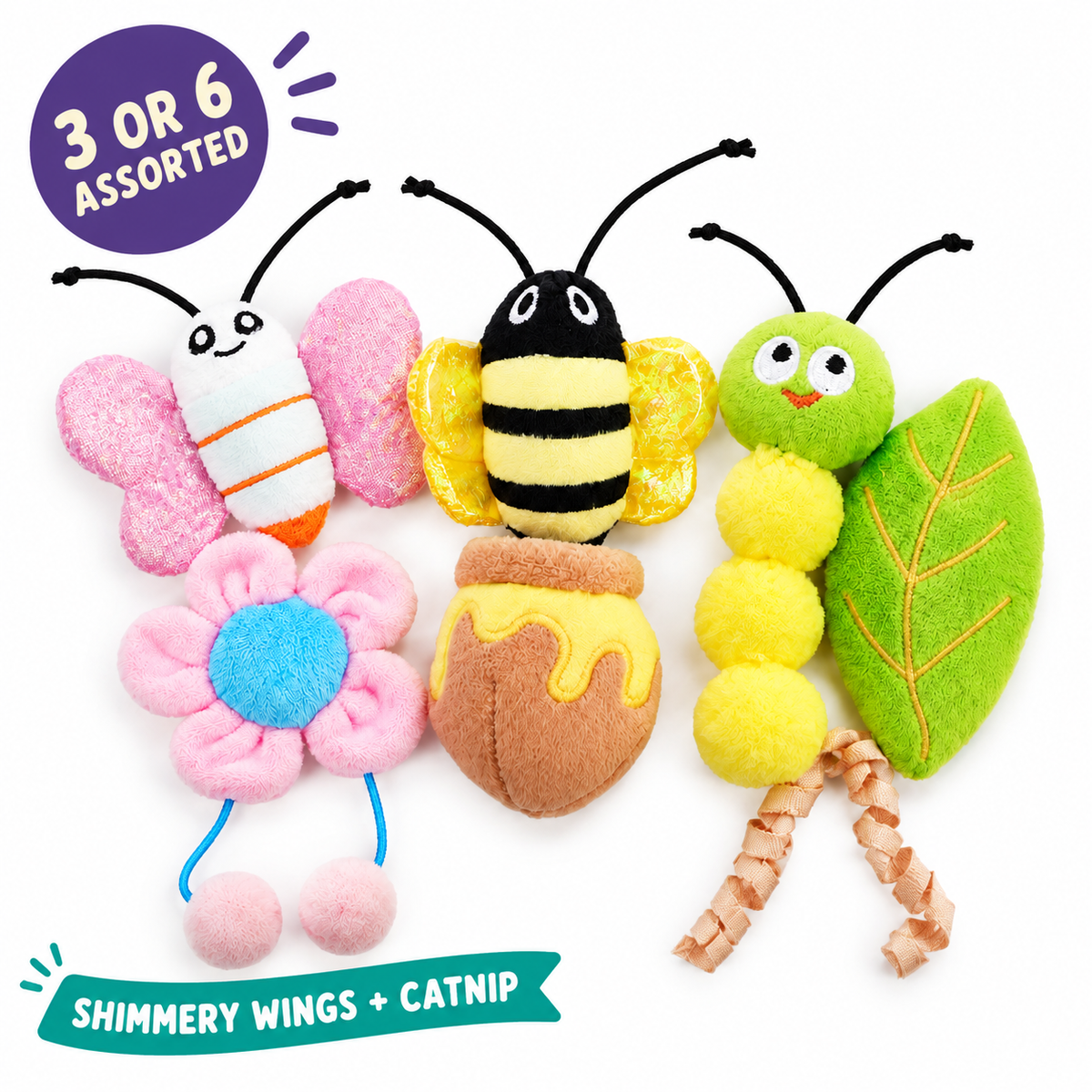 LitterBond Bug & Bloom Catnip Toys: 3 or 6 assorted, shimmery wings + catnip