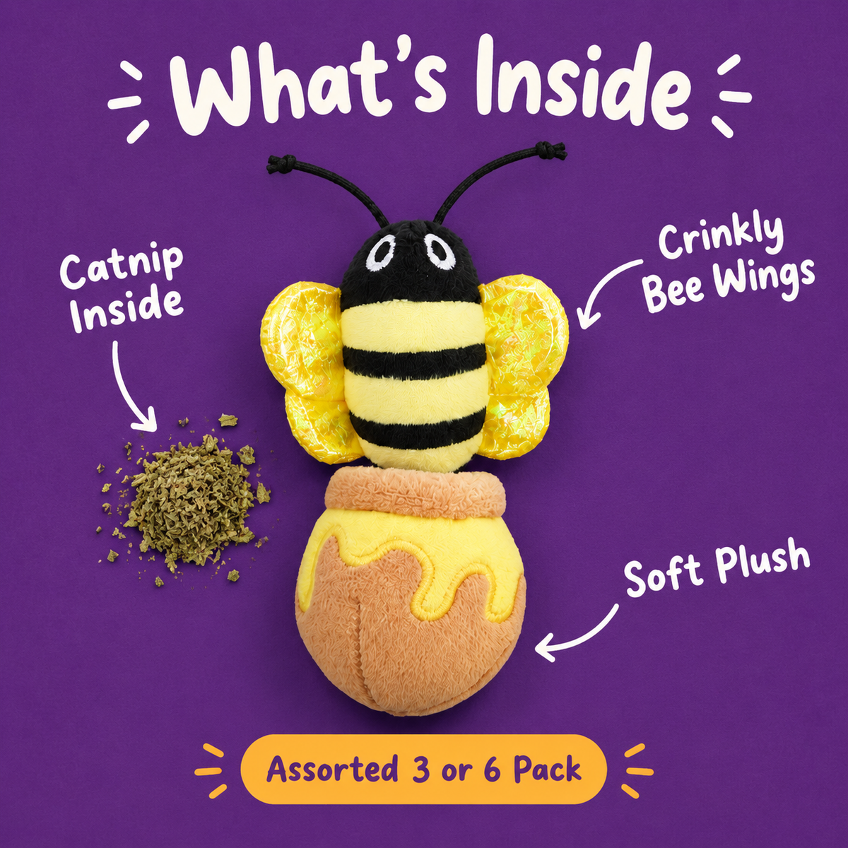 What's Inside: LitterBond Bug & Bloom Catnip Toys, catnip inside, crinkly bee wings, soft plush