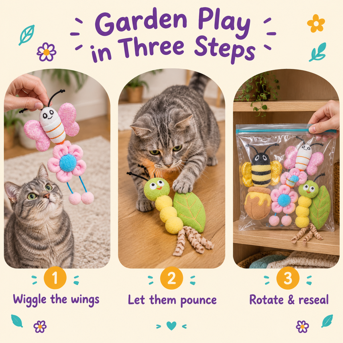 Garden Play in Three Steps: how to play with LitterBond Bug & Bloom Catnip Toys