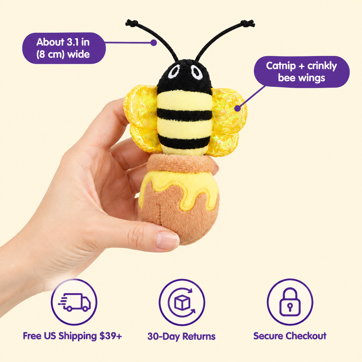 LitterBond Bug & Bloom Catnip Toys in hand: About 3.1 in (8 cm) wide; free US shipping on $39+, 30-day returns