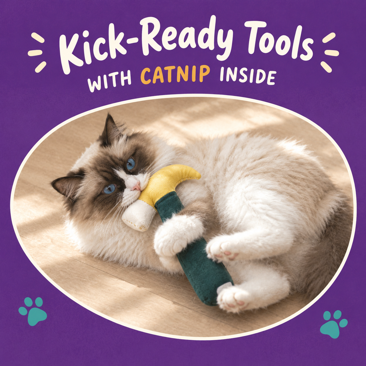Cat playing with LitterBond Handy Tool Catnip Kickers: Kick-Ready Tools