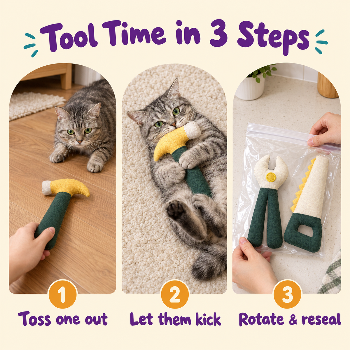 Tool Time in 3 Steps: how to play with LitterBond Handy Tool Catnip Kickers
