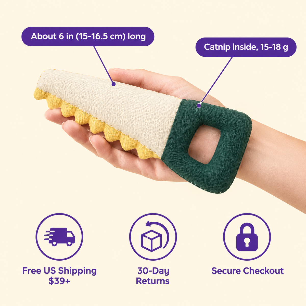 LitterBond Handy Tool Catnip Kickers in hand: About 6 in (15-16.5 cm) long; free US shipping on $39+, 30-day returns